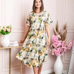 Rochie eleganta Mirabelle cu imprimeu floral - Alb cu verde