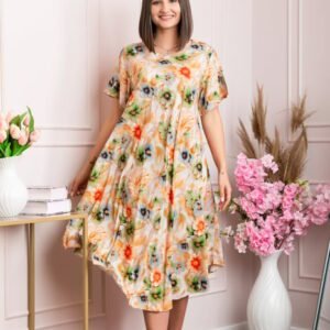 Rochie eleganta Mirabelle cu imprimeu floral - Orange cu verde