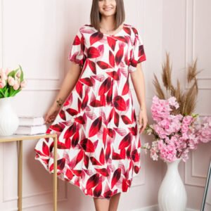 Rochie eleganta Mirabelle cu imprimeu floral - Rosu cu alb