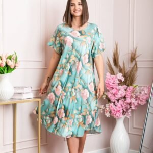 Rochie eleganta Mirabelle cu imprimeu floral - Turcoaz cu auriu