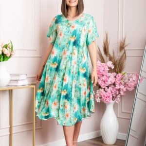 Rochie eleganta Mirabelle cu imprimeu floral - Turcoaz cu orange