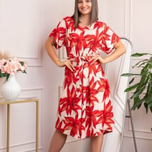 Rochie eleganta Olive cu imprimeu exotic rosu