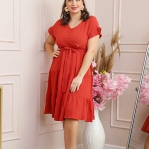 Rochie eleganta Rosalie cu volane si cordon in talie - Caramiziu