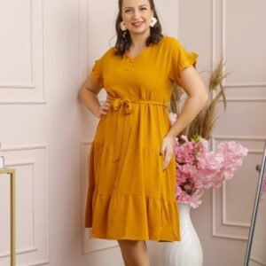 Rochie eleganta Rosalie cu volane si cordon in talie - Galben mustar