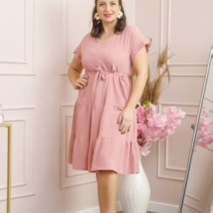 Rochie eleganta Rosalie cu volane si cordon in talie - Roz pastel