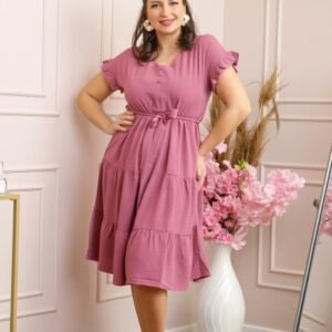 Rochie eleganta Rosalie cu volane si cordon in talie - Roz pudrat