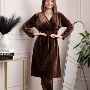 Rochie eleganta din catifea Alexa cu sclipici si croi petrecut - Maro
