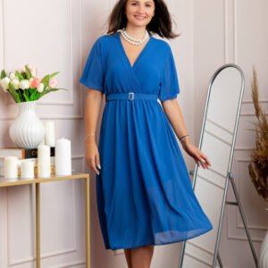 Rochie eleganta din voal Desiree cu decolteu in V si curea - Albastru regal