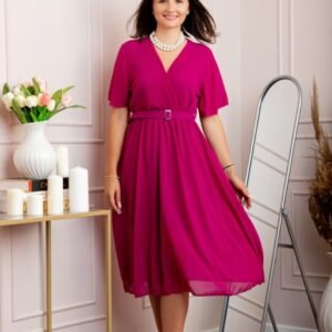 Rochie eleganta din voal Desiree cu decolteu in V si curea - Fuchsia