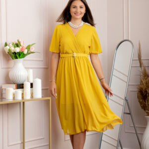 Rochie eleganta din voal Desiree cu decolteu in V si curea - Galben