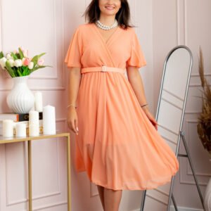 Rochie eleganta din voal Desiree cu decolteu in V si curea - Piersica