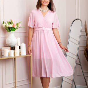 Rochie eleganta din voal Desiree cu decolteu in V si curea - Roz pastel