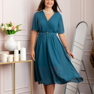 Rochie eleganta din voal Desiree cu decolteu in V si curea - Turcoaz