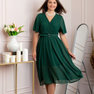 Rochie eleganta din voal Desiree cu decolteu in V si curea - Verde