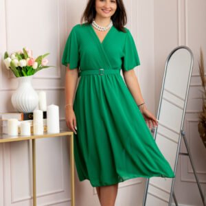 Rochie eleganta din voal Desiree cu decolteu in V si curea - Verde smarald