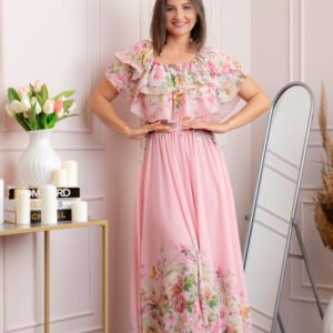 Rochie eleganta lunga Ayana cu imprimeri florale si volane ample - Roz pastel