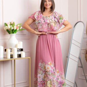 Rochie eleganta lunga Ayana cu imprimeri florale si volane ample - Roz pudrat