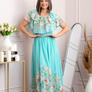 Rochie eleganta lunga Ayana cu imprimeri florale si volane ample - Turcoaz aqua
