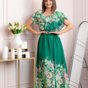 Rochie eleganta lunga Ayana cu imprimeri florale si volane ample - Verde
