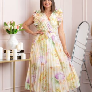 Rochie eleganta plisata Cindy cu imprimeu floral si volane la umeri - Galben pastel