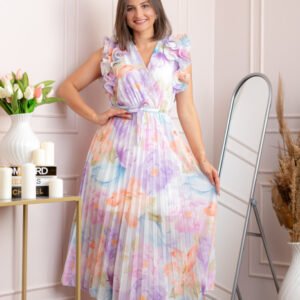 Rochie eleganta plisata Cindy cu imprimeu floral si volane la umeri - Lila