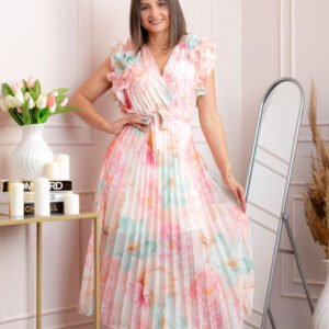 Rochie eleganta plisata Cindy cu imprimeu floral si volane la umeri - Roz pastel