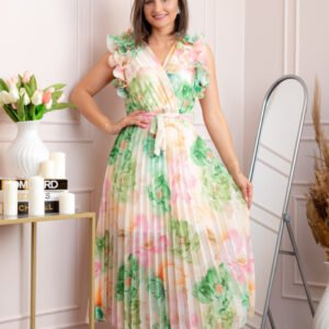 Rochie eleganta plisata Cindy cu imprimeu floral si volane la umeri - Verde pastel