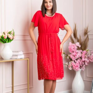 Rochie eleganta rosie Seraphine cu strasuri argintii